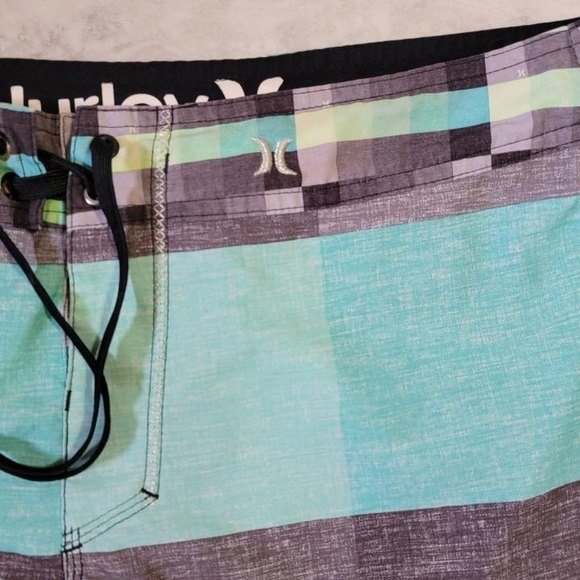 Hurley Buckle Gray Blue Green Logo Pattern Board Shorts Approx. Size 36 - Picture 2 of 5